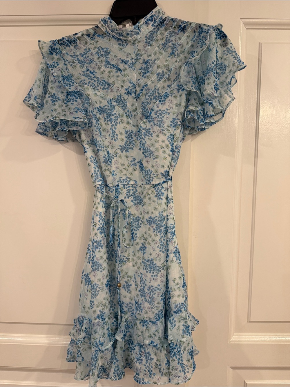 Saints + secrets Sky Blue Floral Ruffle Mini Dress with Tie Waist